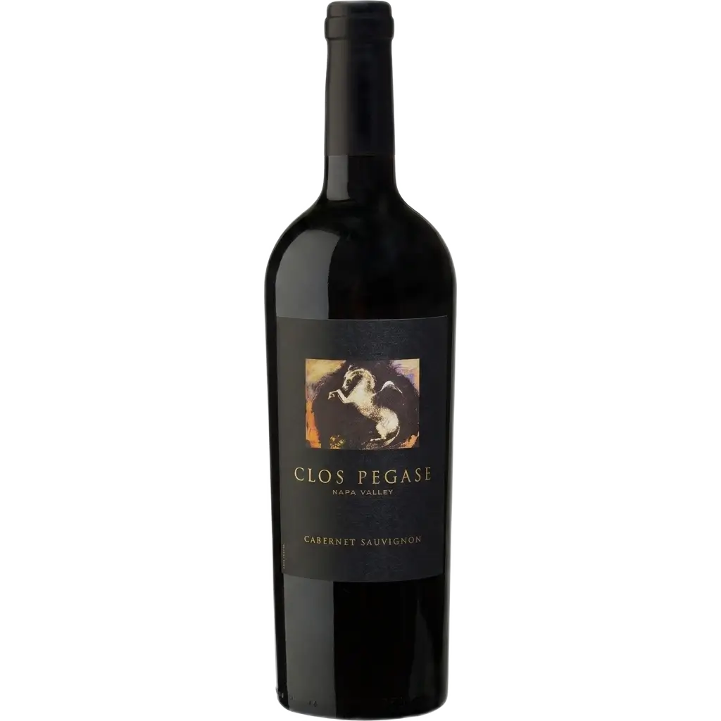 A bottle of Clos Pegase Napa Valley Cabernet Sauvignon centered against a clean white background in a square 1:1 format. The dark glass bottle features a black label with a distinctive artwork box depicting a white winged horse (Pegasus) on a warm-toned background, with "CLOS PEGASE NAPA VALLEY" and "CABERNET SAUVIGNON" printed below in elegant gold and white lettering.