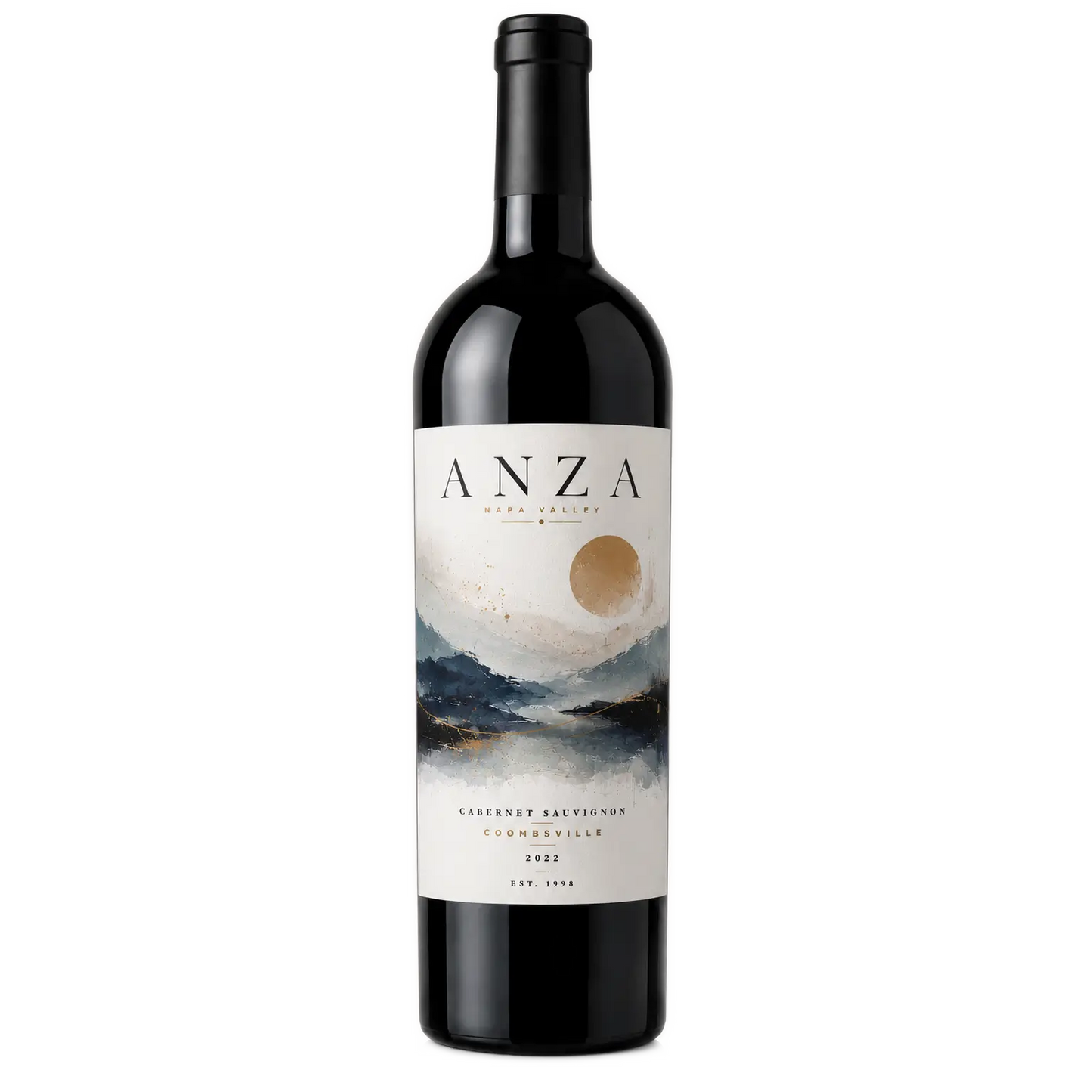A dark glass bottle of Anza Napa Valley 2022 Cabernet Sauvignon against a plain white background, featuring an artistic label with blue abstract mountains and a gold sun.
