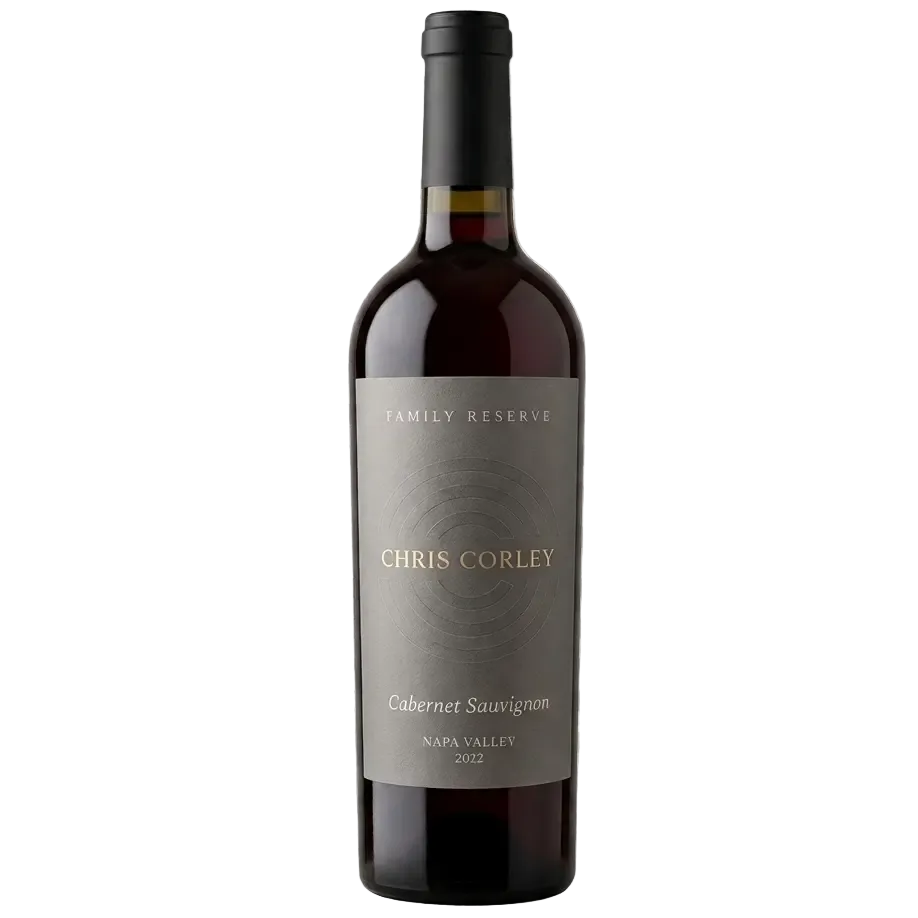 Chris Corley Family Reserve 2022 Napa Valley Cabernet Sauvignon wine bottle isolated on a transparent grid background.