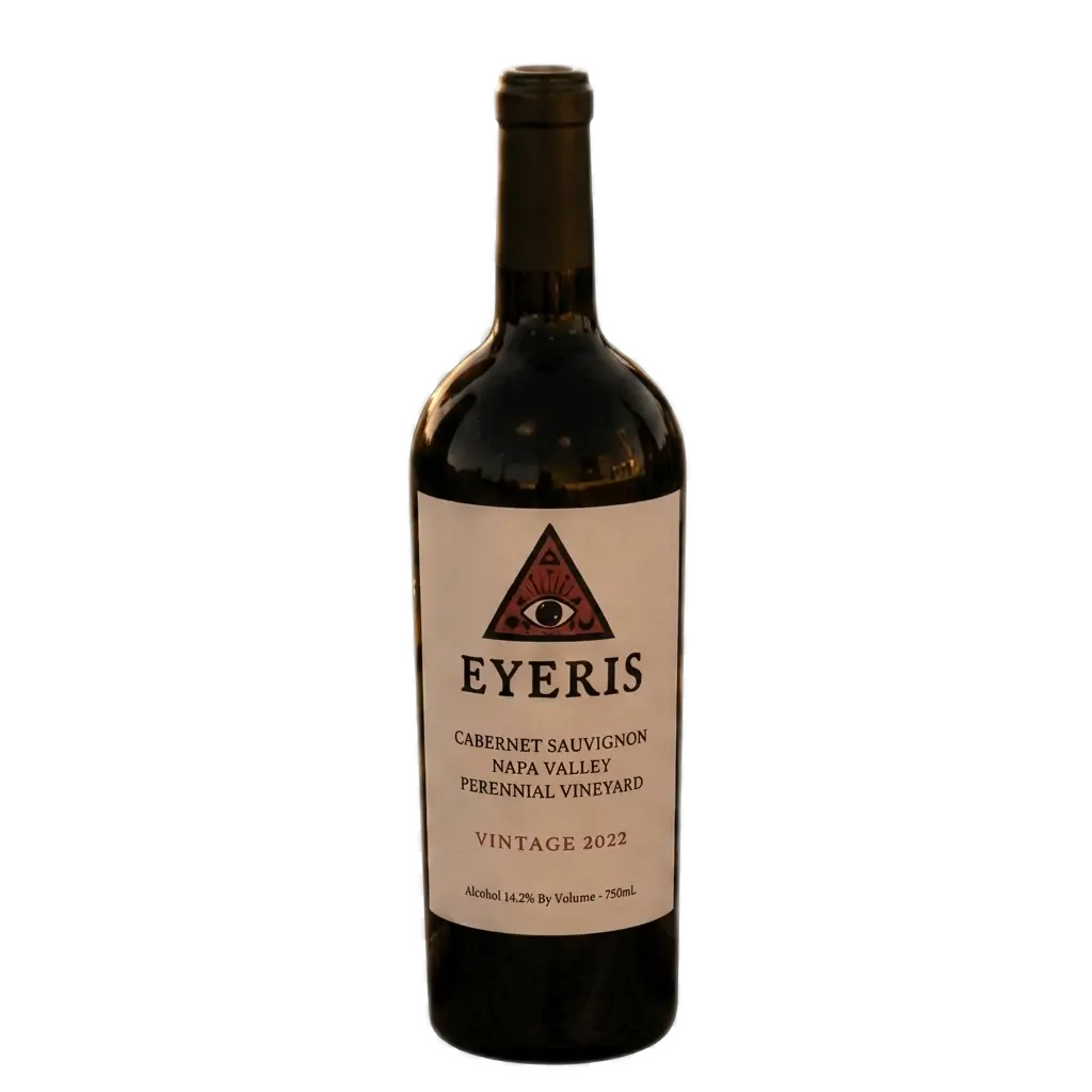A centered bottle of Eyeris 2022 Cabernet Sauvignon from Napa Valley with an all-seeing eye logo.