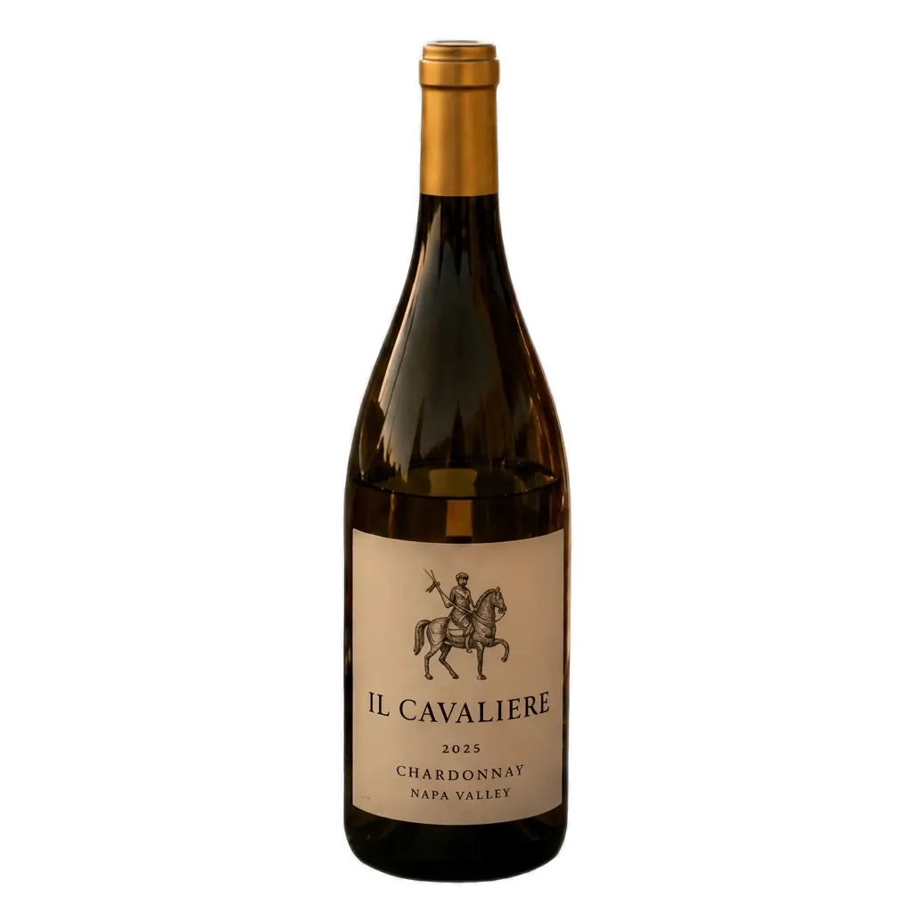 A bottle of Il Cavaliere 2025 Chardonnay Napa Valley wine centered against a transparent grid background.