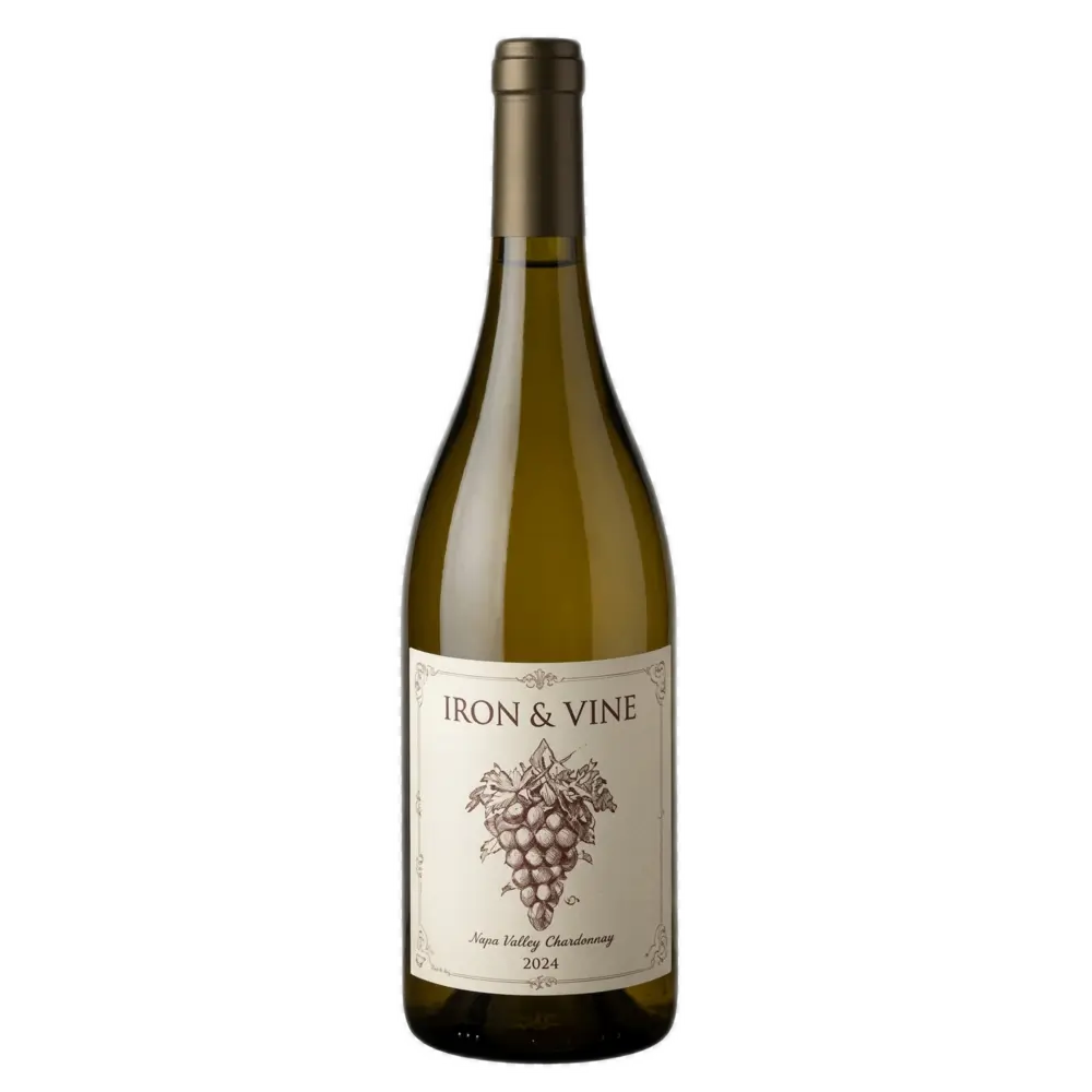 A single bottle of Iron & Vine 2024 Napa Valley Chardonnay white wine against a plain white background.