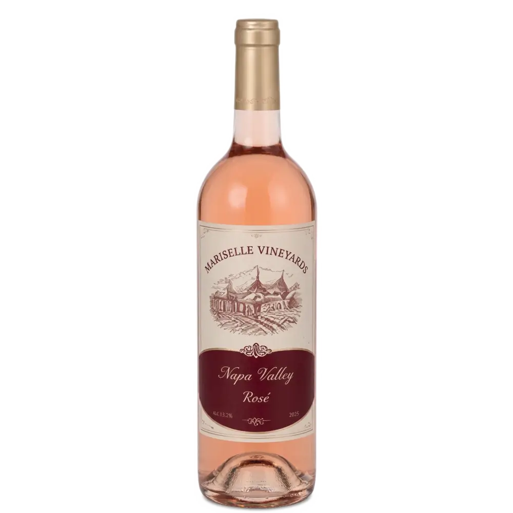 A bottle of 2025 Mariselle Vineyards Napa Valley Rosé with a gold cap and a wine label featuring an illustration of a vineyard estate, isolated on a white background.