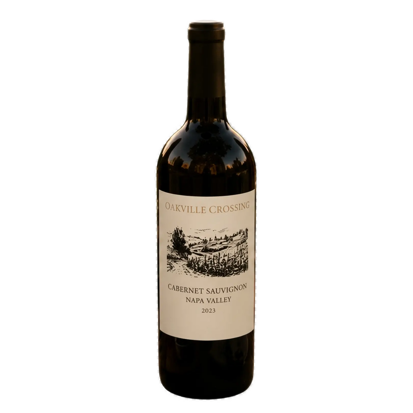 A shot of an Oakville Crossing 2023 Napa Valley Cabernet Sauvignon wine bottle isolated on a clean, transparent background.