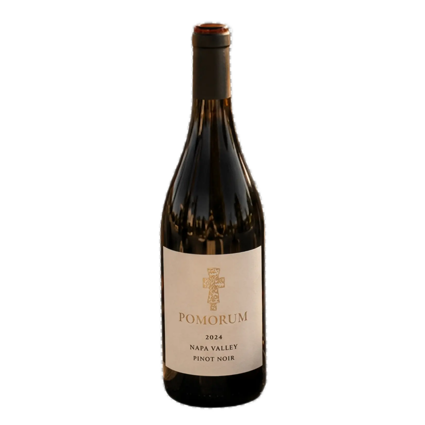 Pomorum 2024 Napa Valley Pinot Noir wine bottle with a cream and gold label, isolated on a transparent background.
