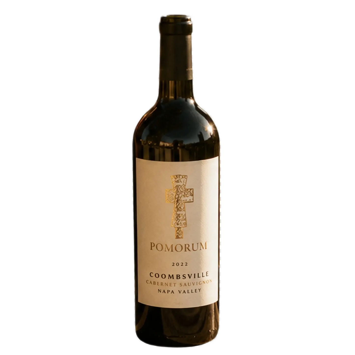 Isolated view of a single bottle of Pomorum 2022 Coombsville Cabernet Sauvignon, Napa Valley wine. The bottle features a dark, long-necked shape with a black cap. A white label, positioned on the front, displays a gold, intricately patterned cross at the top, followed by the text "POMORUM" in dark, capitalized letters, and "2022 COOMBSVILLE CABERNET SAUVIGNON NAPA VALLEY" below.