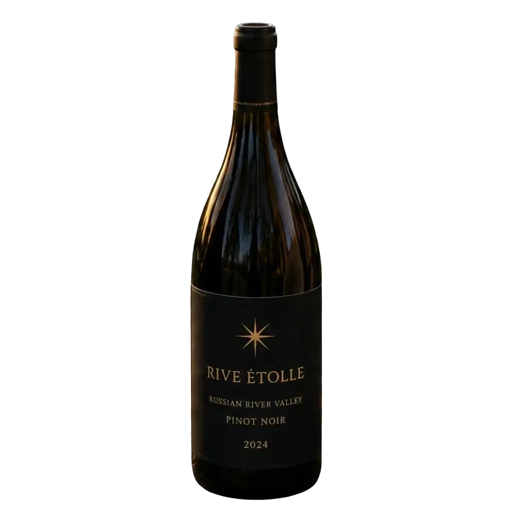 Alt text: A clear glass wine bottle of Rive Étolle 2024 Pinot Noir from the Russian River Valley, set against a transparent grey and white checkerboard background. The wine is a dark color, and the bottle has a black capsule and a black label with gold star logo and lettering.