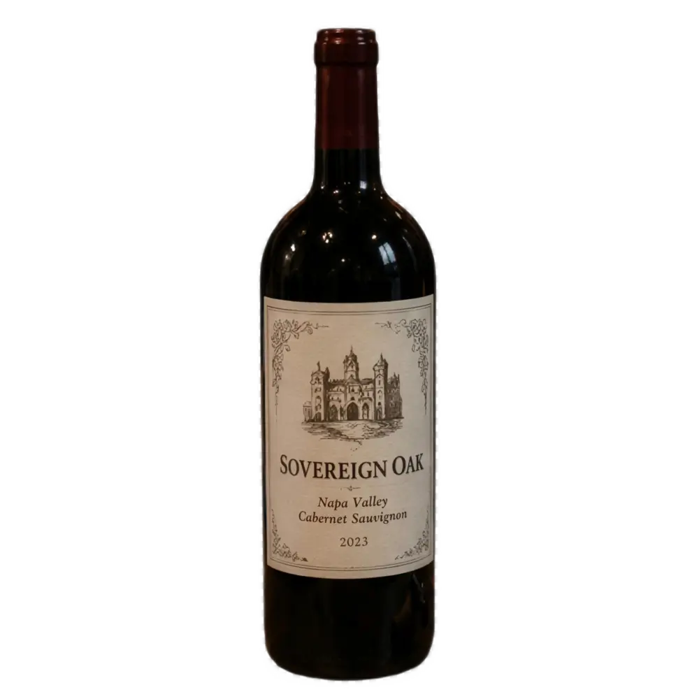A bottle of "Sovereign Oak" 2023 Napa Valley Cabernet Sauvignon red wine, featuring a beige label with an illustration of a historic château, against a checkerboard transparency grid.