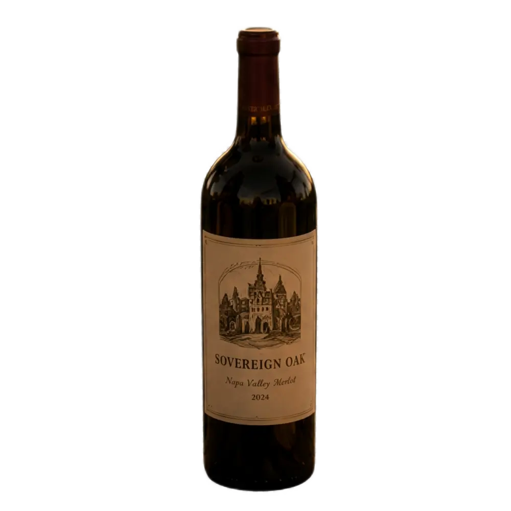 A full-length shot of a bottle of Sovereign Oak 2024 Napa Valley Merlot, isolated on a transparent background.