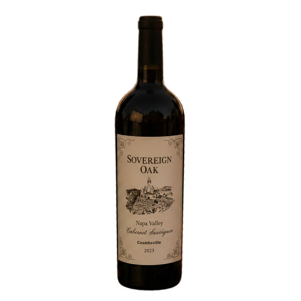 Front view of a 2023 Sovereign Oak Cabernet Sauvignon wine bottle from Coombsville, Napa Valley, centered against a transparent grid background.