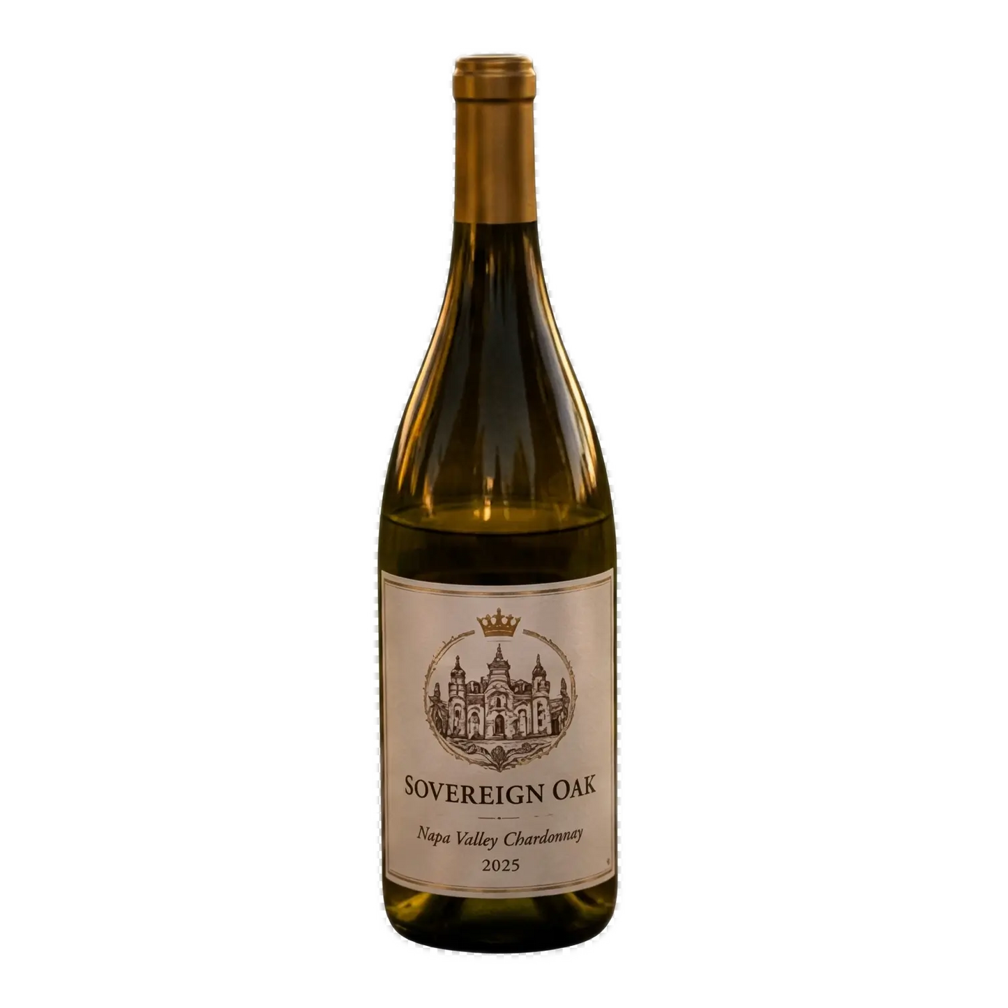 A full-length product shot of a bottle of Sovereign Oak 2025 Napa Valley Chardonnay against a clean white background. The elegant cream label features an intricate sketch of a classic estate building topped with a crown crest.