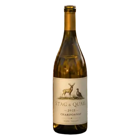 A product shot of a single bottle of 'Stag & Quail' 2025 Chardonnay. The bottle is a standard burgundy shape, made of clear glass with a light golden-yellow liquid, sealed with a gold-colored capsule. The front label is off-white and features a detailed color illustration of a stag and a quail in a meadow, with the brand name 'Stag & Quail' and '2025 Chardonnay Napa Valley' clearly visible. The background is transparent.
