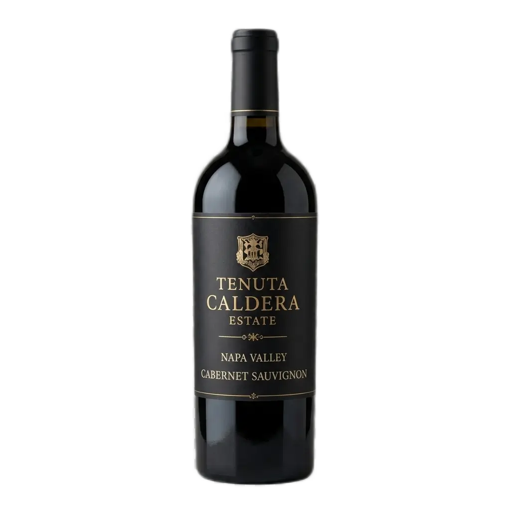 Product shot of a dark glass Tenuta Caldera Estate Napa Valley Cabernet Sauvignon wine bottle with a black and gold label, centered against a transparent grid background in a square aspect ratio.