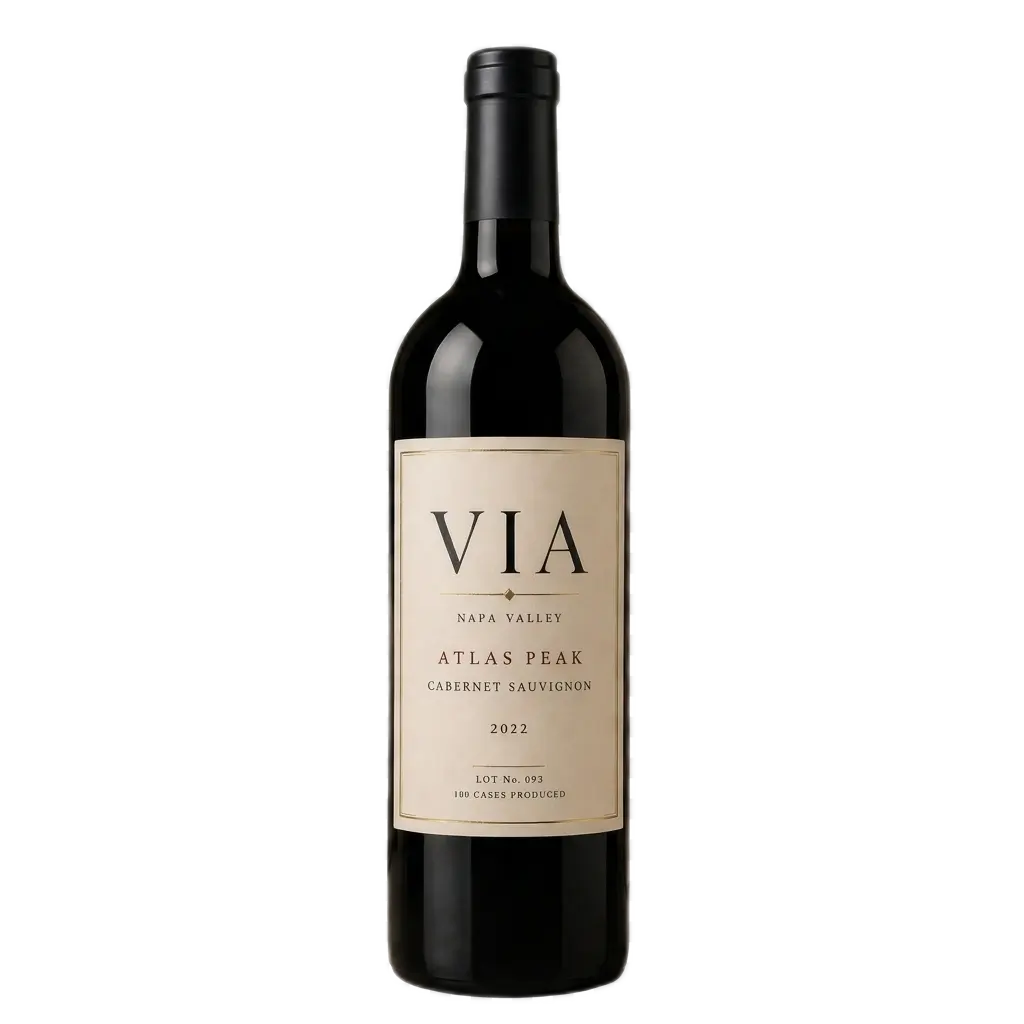 An isolated, dark glass wine bottle from the brand VIA, Napa Valley Atlas Peak Cabernet Sauvignon (2022), centered on a square transparent checkered background.
