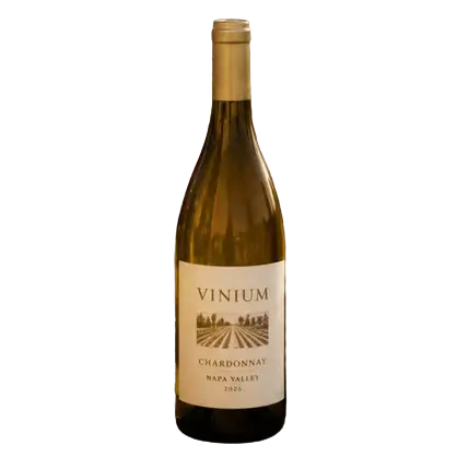A product shot of a Vinium 2025 Napa Valley Chardonnay bottle featuring a clean white label with a vineyard illustration, isolated against a transparent background.