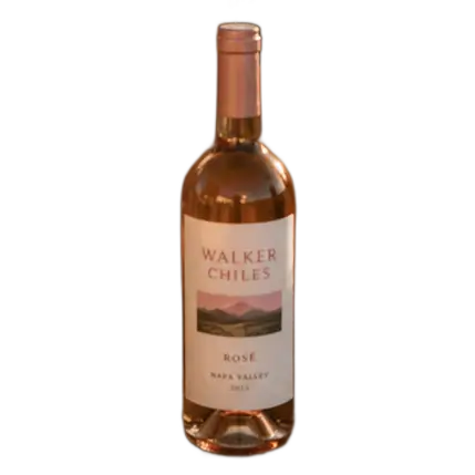 A product shot of a clear glass bottle of Walker Chiles 2025 Rosé wine from Napa Valley, featuring a clean white label with an illustration of rolling hills under a pink sky.