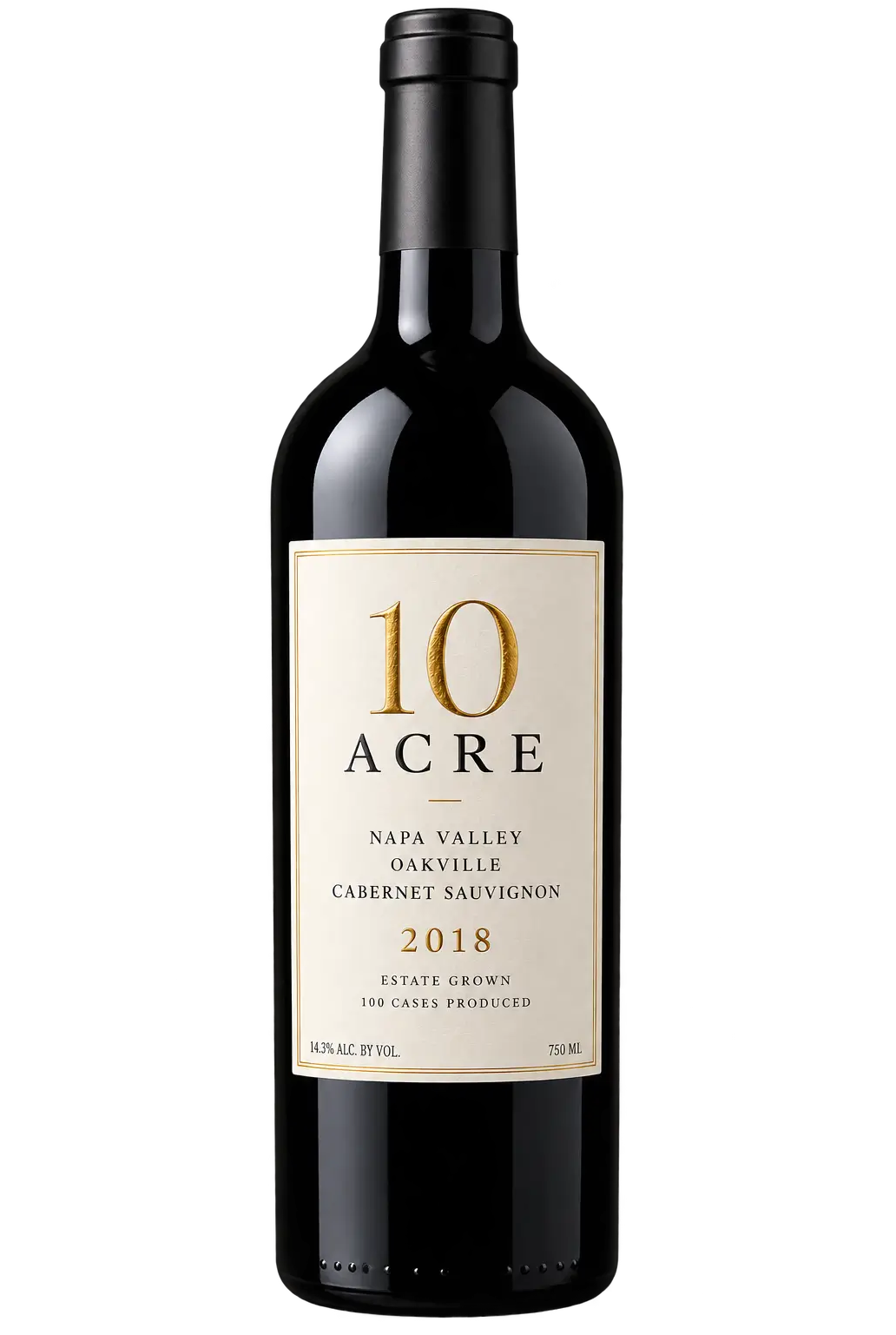 A full studio shot of a 750 ML glass bottle of 10 Acre 2018 Cabernet Sauvignon red wine, showing the front label with gold-foil accents against a white background.
