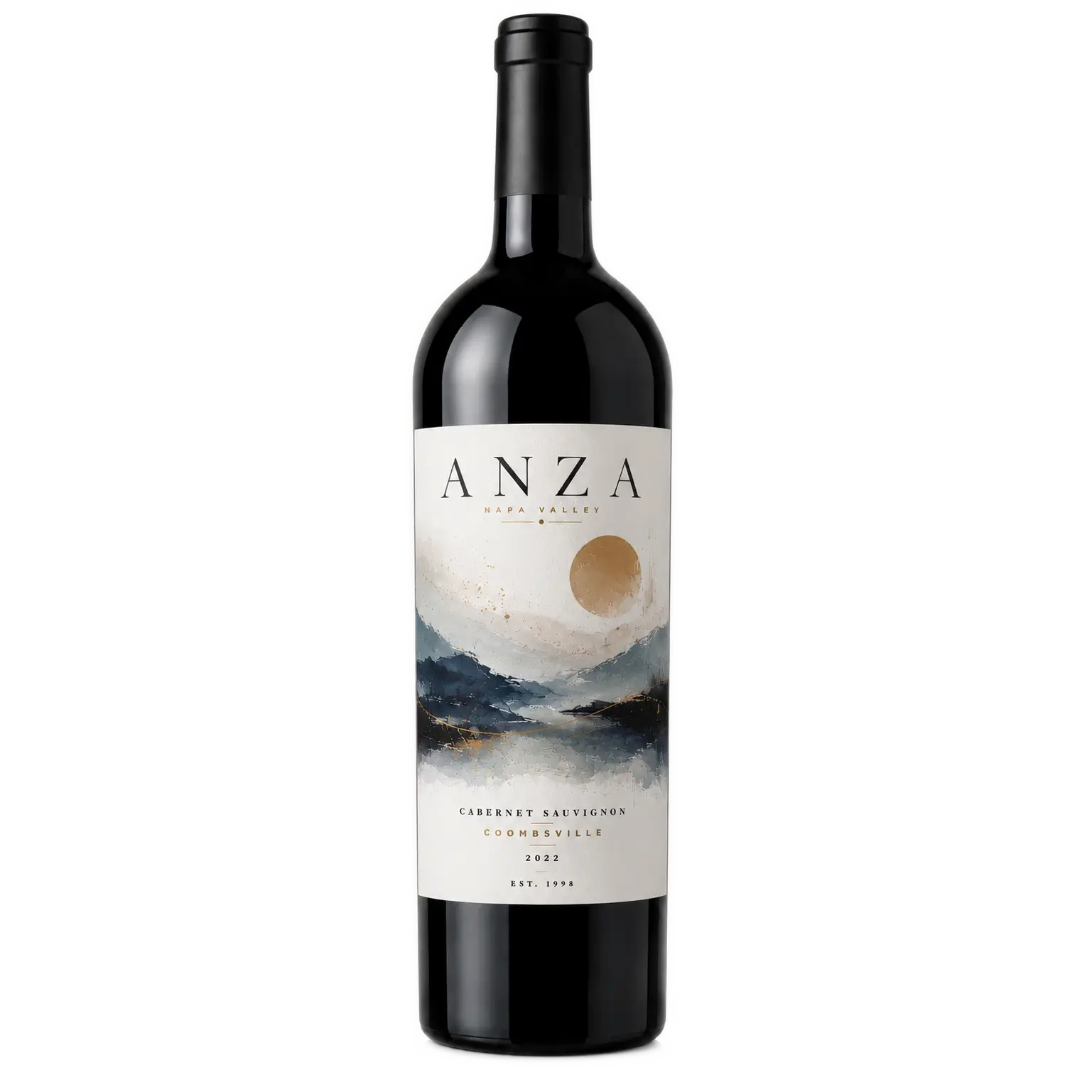 A dark glass bottle of Anza Napa Valley 2022 Cabernet Sauvignon against a plain white background, featuring an artistic label with blue abstract mountains and a gold sun.