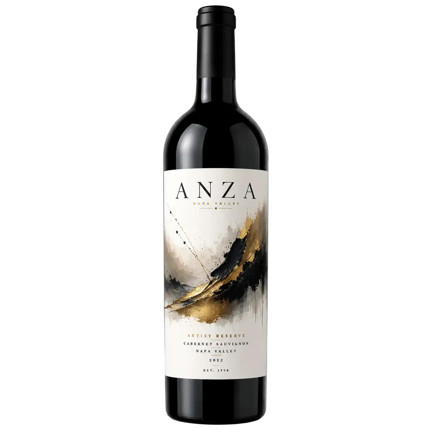 A bottle of Anza Napa Valley 2022 Cabernet Sauvignon Artist Reserve featuring an abstract black, gold, and beige painted label set against a clean traansparent background.