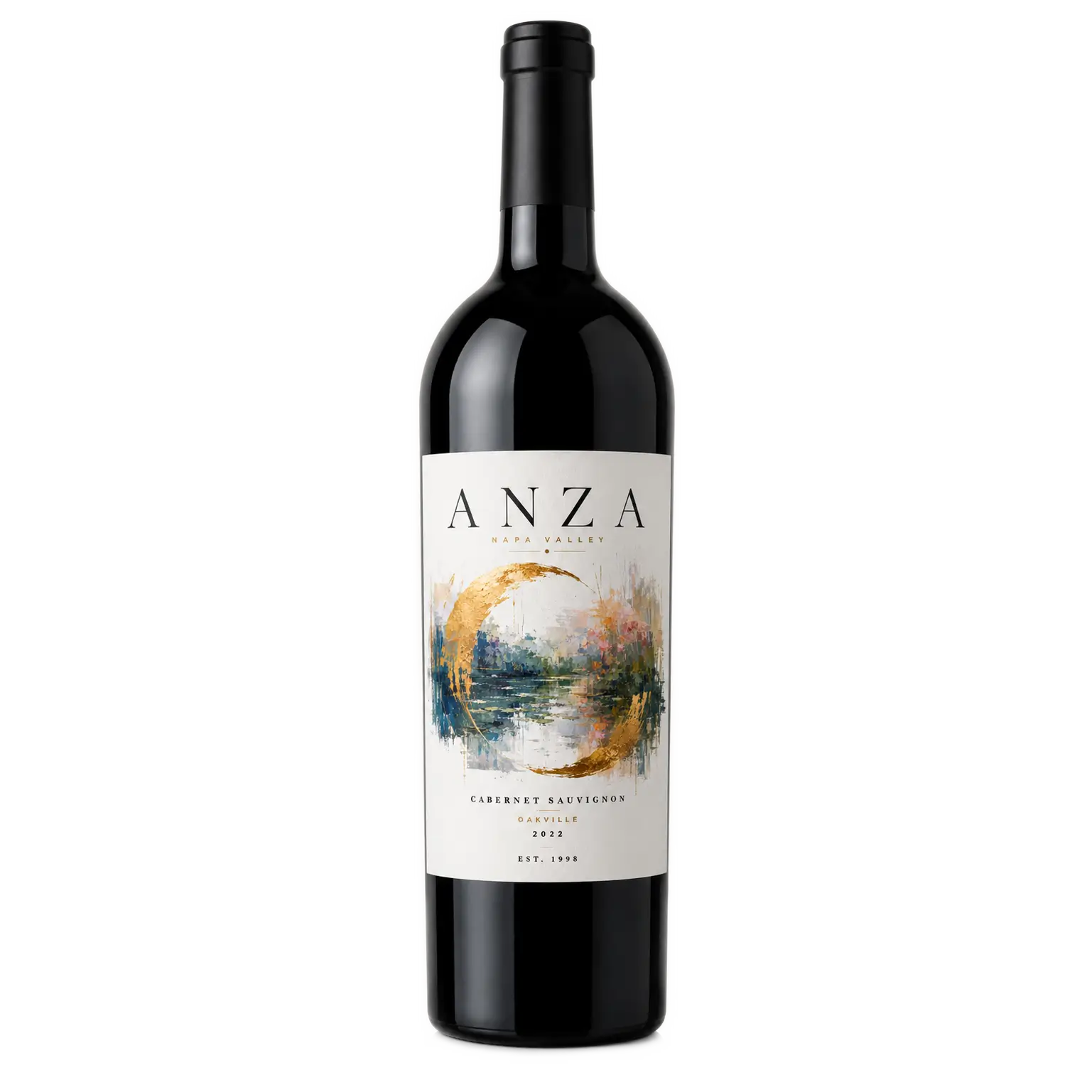 A full shot of a bottle of Anza 2022 Cabernet Sauvignon from Oakville, Napa Valley, set against a clean transparent background.