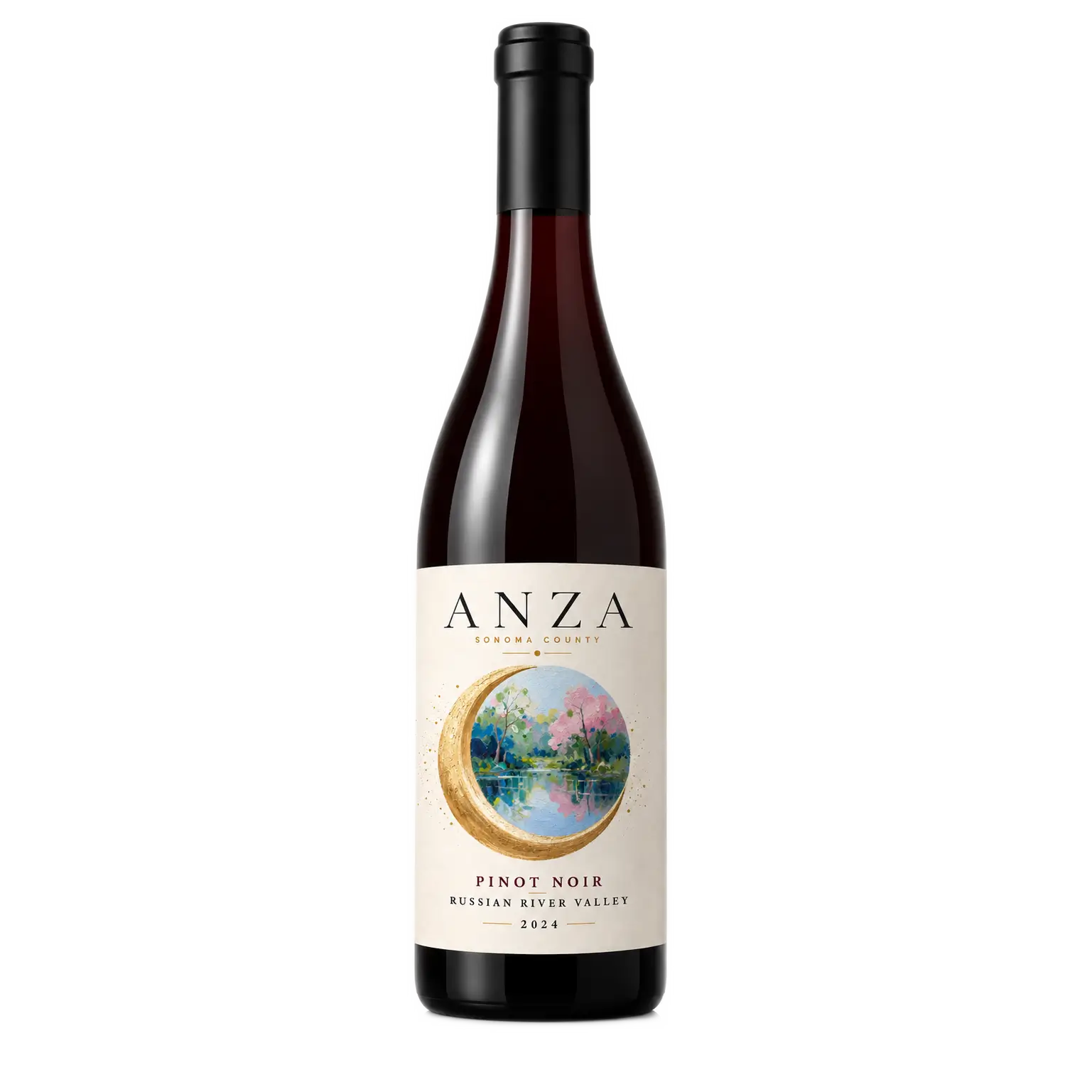 Bottle of 2024 ANZA Pinot Noir from Russian River Valley, Sonoma County, featuring an artistic cream label with a gold crescent moon and lake landscape illustration.