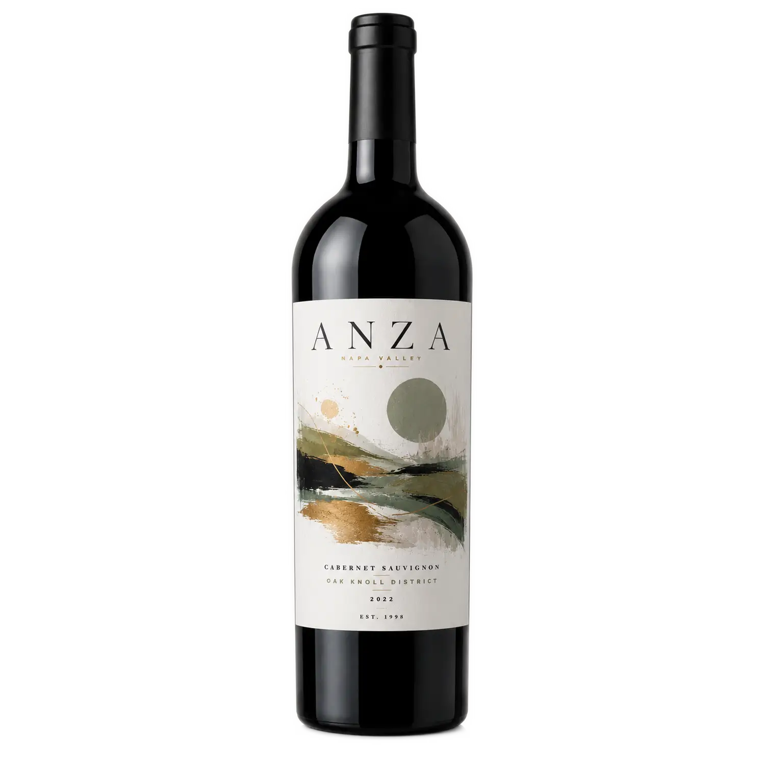 Bottle of ANZA 2022 Napa Valley Cabernet Sauvignon from the Oak Knoll District, featuring an artistic, abstract label with gold and earth-toned brushstrokes against a transparent background.