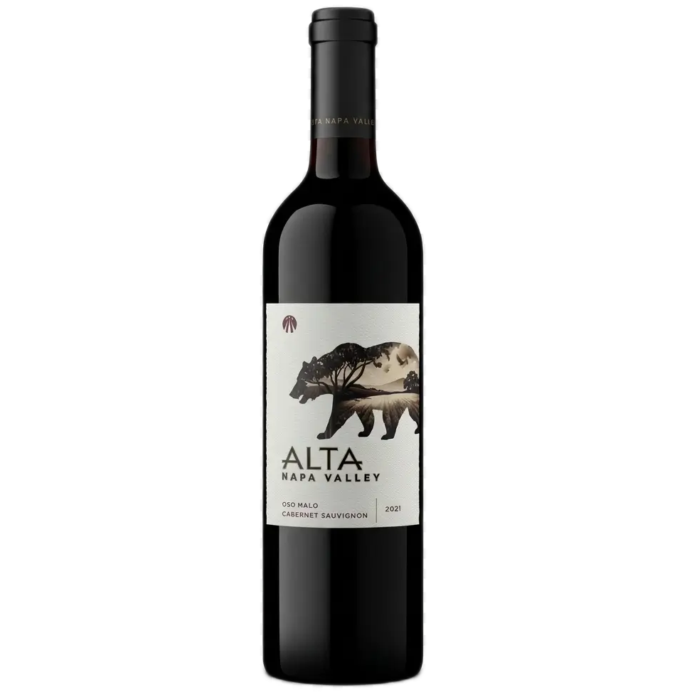 A product shot of a bottle of Alta Napa Valley Oso Malo 2021 Cabernet Sauvignon set against a transparent background. The dark glass bottle features a textured white label with an artistic silhouette of a bear containing a vineyard landscape, bold black text reading "ALTA NAPA VALLEY," and smaller details for "OSO MALO CABERNET SAUVIGNON 2021".