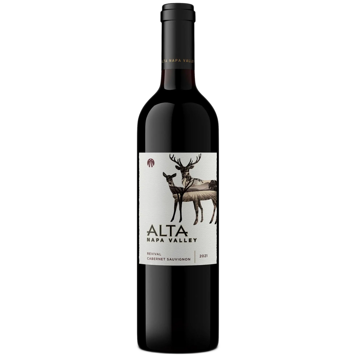 A bottle of Alta Revival 2021 Napa Valley Cabernet Sauvignon against a transparent background