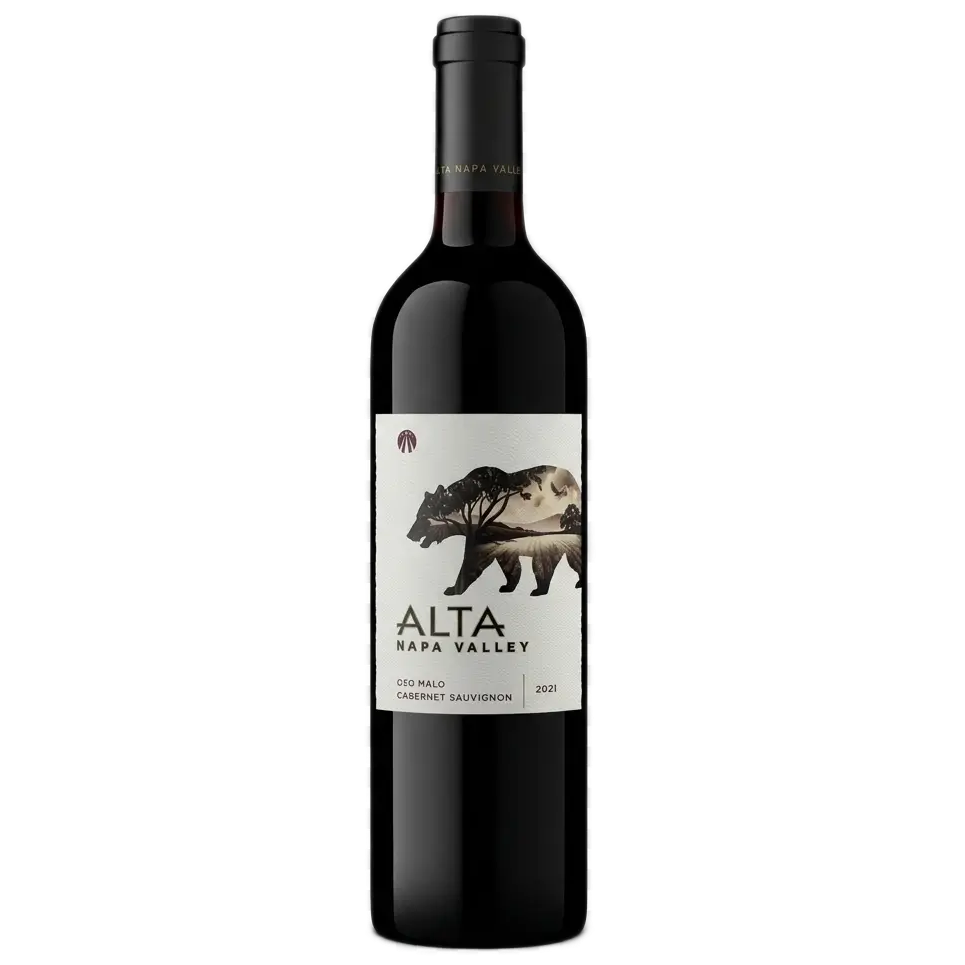 A square image featuring a bottle of Alta Napa Valley Oso Malo Cabernet Sauvignon 2021 centered on a transparent grid background.