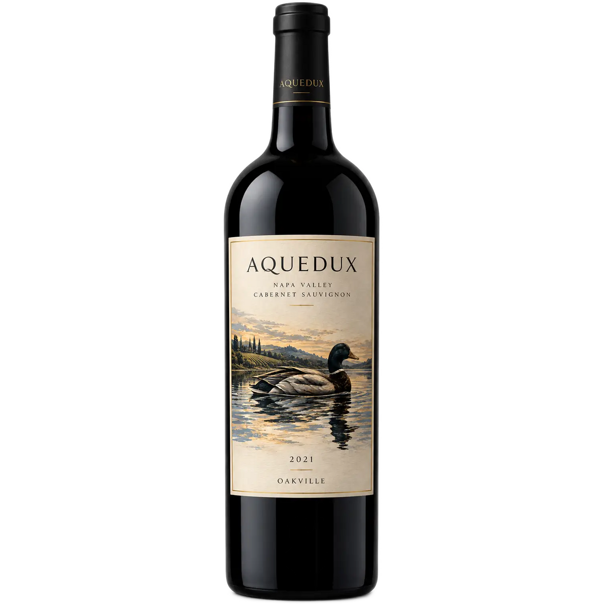 A bottle of Aquedux 2021 Oakville Napa Valley Cabernet Sauvignon set against a plain background. The dark glass bottle features a cream-colored label displaying the brand name "AQUEDUX", "NAPA VALLEY CABERNET SAUVIGNON", an illustration of a mallard duck swimming on a lake in front of rolling vineyard hills at sunset, the vintage year "2021", and "OAKVILLE".