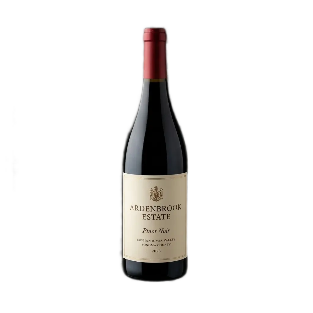 A single bottle of Ardenbrook Estate 2023 Pinot Noir from the Russian River Valley, Sonoma County, isolated on a clean white background.