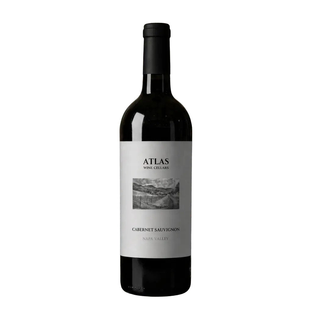 Isolated 1:1 bottle shot of Atlas Wine Cellars Napa Valley Cabernet Sauvignon red wine.