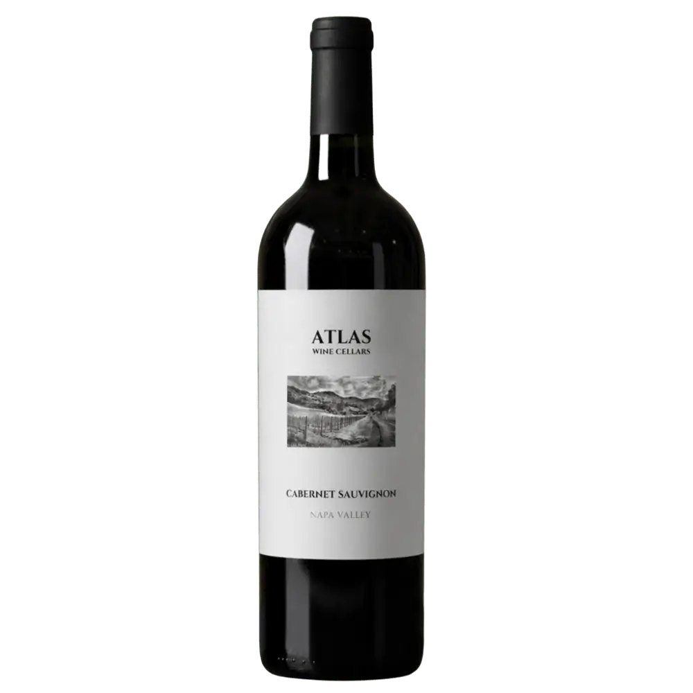 A full view of a Cabernet Sauvignon red wine bottle from Atlas Wine Cellars, showing a vintage Napa Valley label with a black and white vineyard illustration, isolated against a white background.