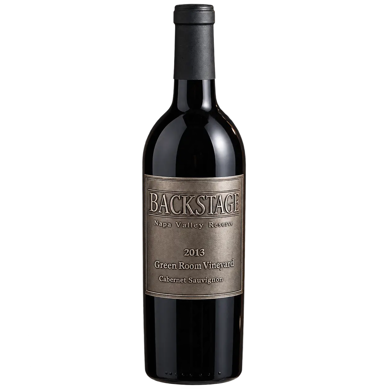 Backstage 2013 Napa Valley Reserve Green Room Vineyard Cabernet Sauvignon wine bottle standing upright on a transparent background.