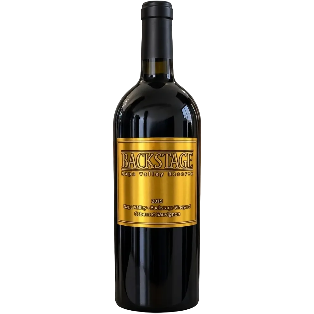 A bottle of 2015 Backstage Napa Valley Reserve Cabernet Sauvignon against a solid white background. The dark wine bottle features a gold rectangular label with dark lettering reading "BACKSTAGE Napa Valley Reserve 2015 Napa Valley - Backstage Vineyard Cabernet Sauvignon".