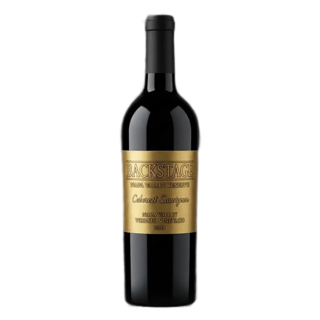A 1:1 square product shot of a standing dark glass red wine bottle centered against a grey checkerboard transparent background cutout. The bottle features a metallic gold textured label containing black and gold typography reading "BACKSTAGE" at the top, followed by "NAPA VALLEY RESERVE", "Cabernet Sauvignon" in script, "NAPA VALLEY VIBRATO VINEYARD", and "2019" at the bottom.