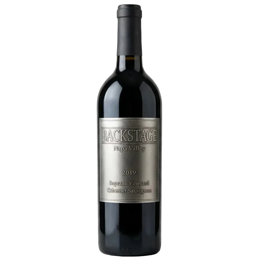 Front shot of a Backstage 2019 Soprano Vineyard Cabernet Sauvignon Napa Valley wine bottle on a transparent background.