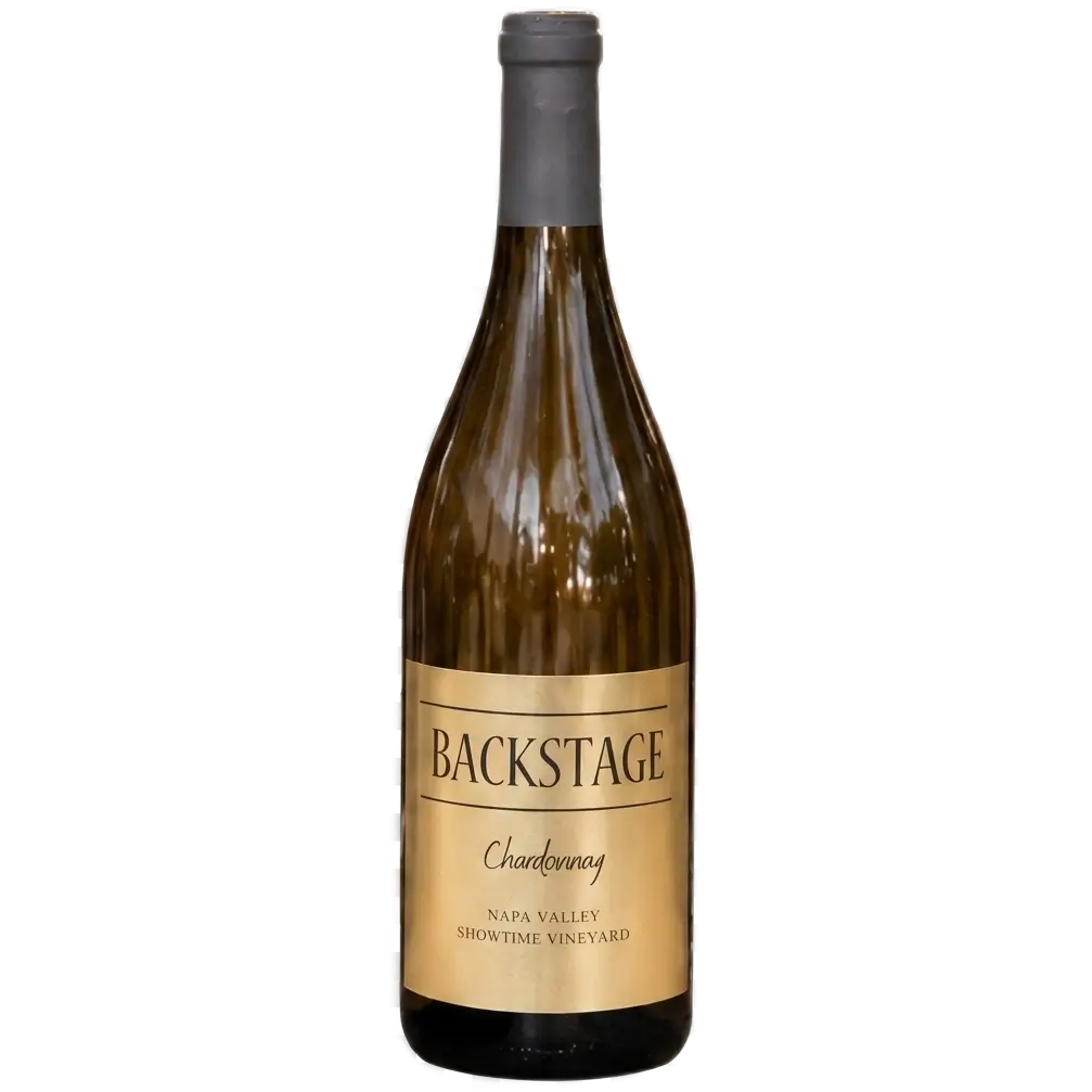 A bottle of Backstage Chardonnay wine isolated centered on a transparent background, featuring a golden label with black text that reads "BACKSTAGE Chardonnay NAPA VALLEY SHOWTIME VINEYARD".