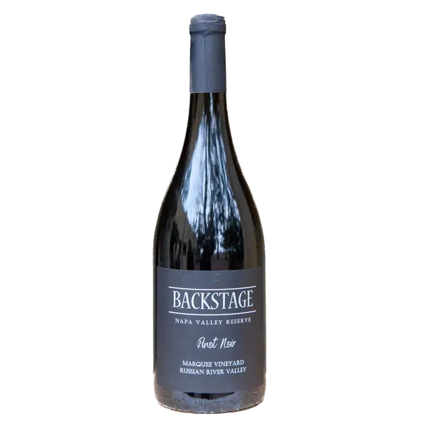 Bottle of Backstage Napa Valley Reserve Pinot Noir from Marquee Vineyard, Russian River Valley, set against a plain white background.