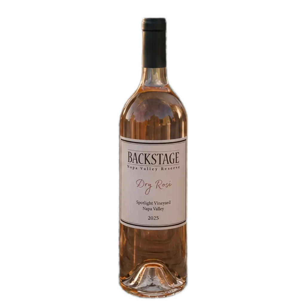 A bottle of Backstage Dry Rose wine from Napa Valley Reserve, featuring a white label with black and pink text, set against a plain white background.