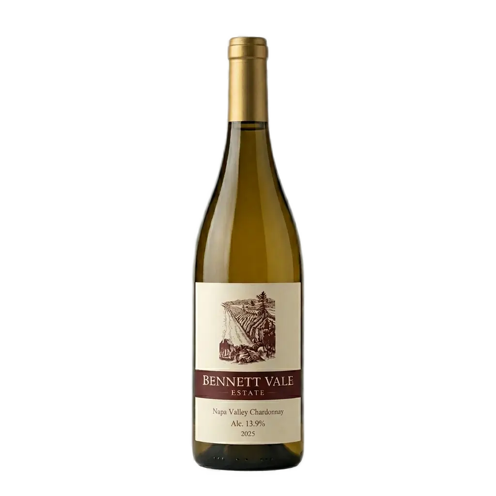 A single bottle of Bennett Vale Estate 2025 Napa Valley Chardonnay isolated on a clean white background. The bottle features a gold foil capsule and a classic cream label showing a sketch of a vineyard layout with a dark red banner reading 'Bennett Vale Estate'A single bottle of Bennett Vale Estate 2025 Napa Valley Chardonnay isolated on a clean white background. The bottle features a gold foil capsule and a classic cream label showing a sketch of a vineyard layout with a dark red banner reading 'Bennett Va