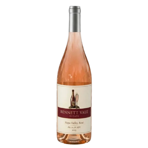 A standalone bottle of Bennett Vale Estate 2025 Napa Valley Rosé of Pinot Noir on a plain white background, featuring a label with a drawing of a wine bottle and glass, and displaying 