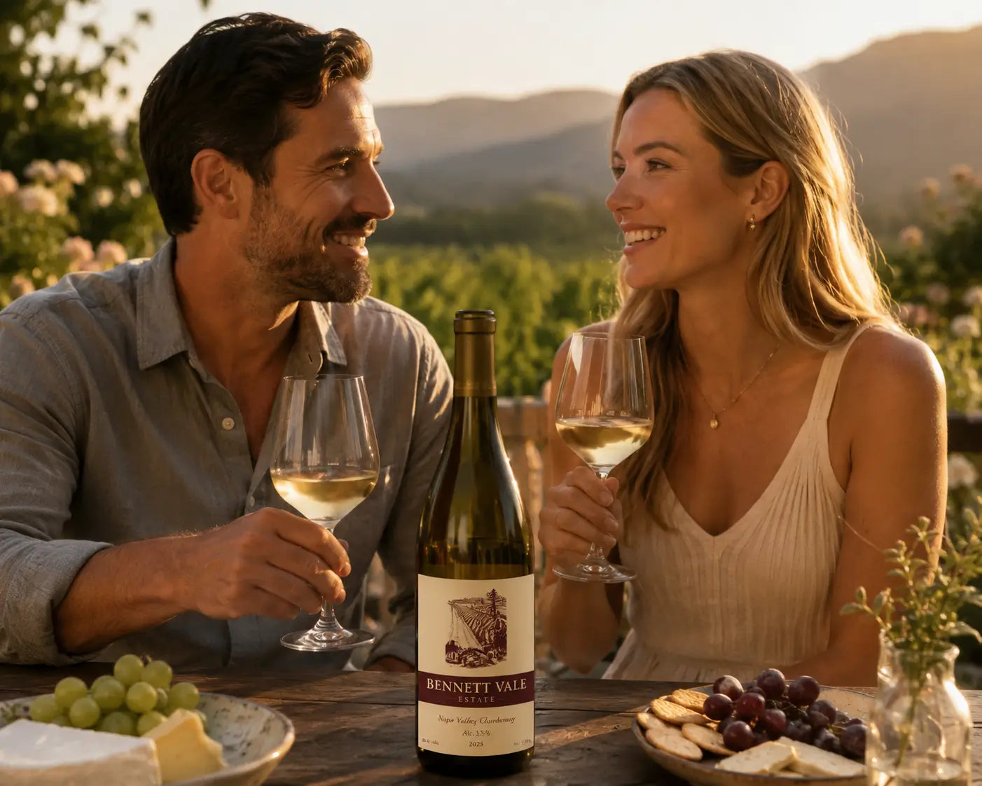 A smiling man and woman sitting at a rustic outdoor table during golden hour, holding glasses of white wine. A bottle of Bennett Vale Estate 2025 Napa Valley Chardonnay sits centered on the table alongside plates of cheese, green grapes, crackers, and dark grapes, with a soft-focus vineyard and mountains in the background.