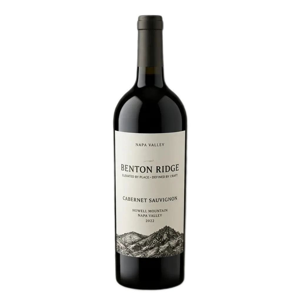 A 1:1 studio product shot of a dark glass wine bottle centered on a transparent background grid. The wine bottle features a cream-colored label reading "NAPA VALLEY" at the top, "BENTON RIDGE" in bold serif font, followed by the tagline "ELEVATED BY PLACE • DEFINED BY CRAFT". Below, the label specifies "CABERNET SAUVIGNON", "HOWELL MOUNTAIN / NAPA VALLEY / 2022", above a detailed black-and-white mountain etching at the base.