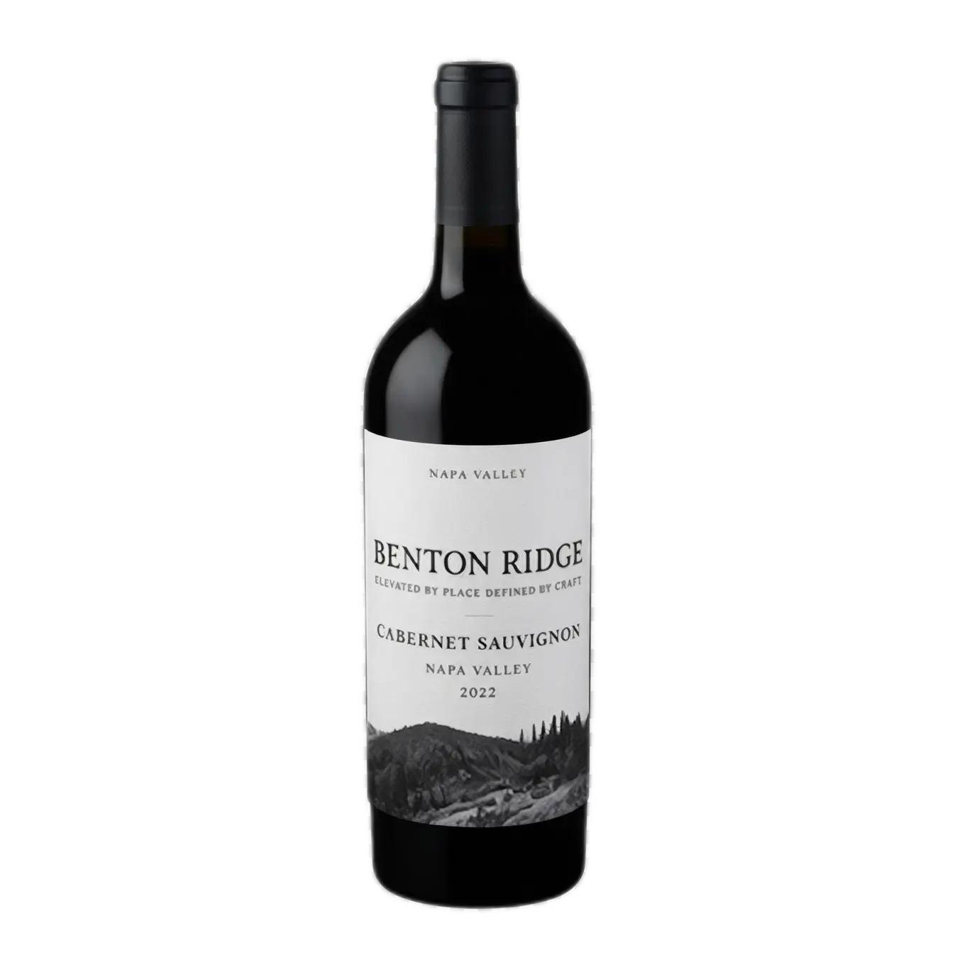 A product photograph of a "Benton Ridge" Napa Valley Cabernet Sauvignon wine bottle, vintage 2022, isolated on a transparent background. The dark glass bottle has a cream-colored label featuring black text and a detailed monochrome landscape illustration at the bottom.