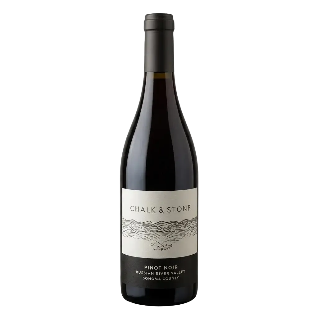Isolated bottle of Chalk & Stone Russian River Valley Pinot Noir wine centered on a transparent background, featuring a white and black label with a sketched graphic design.