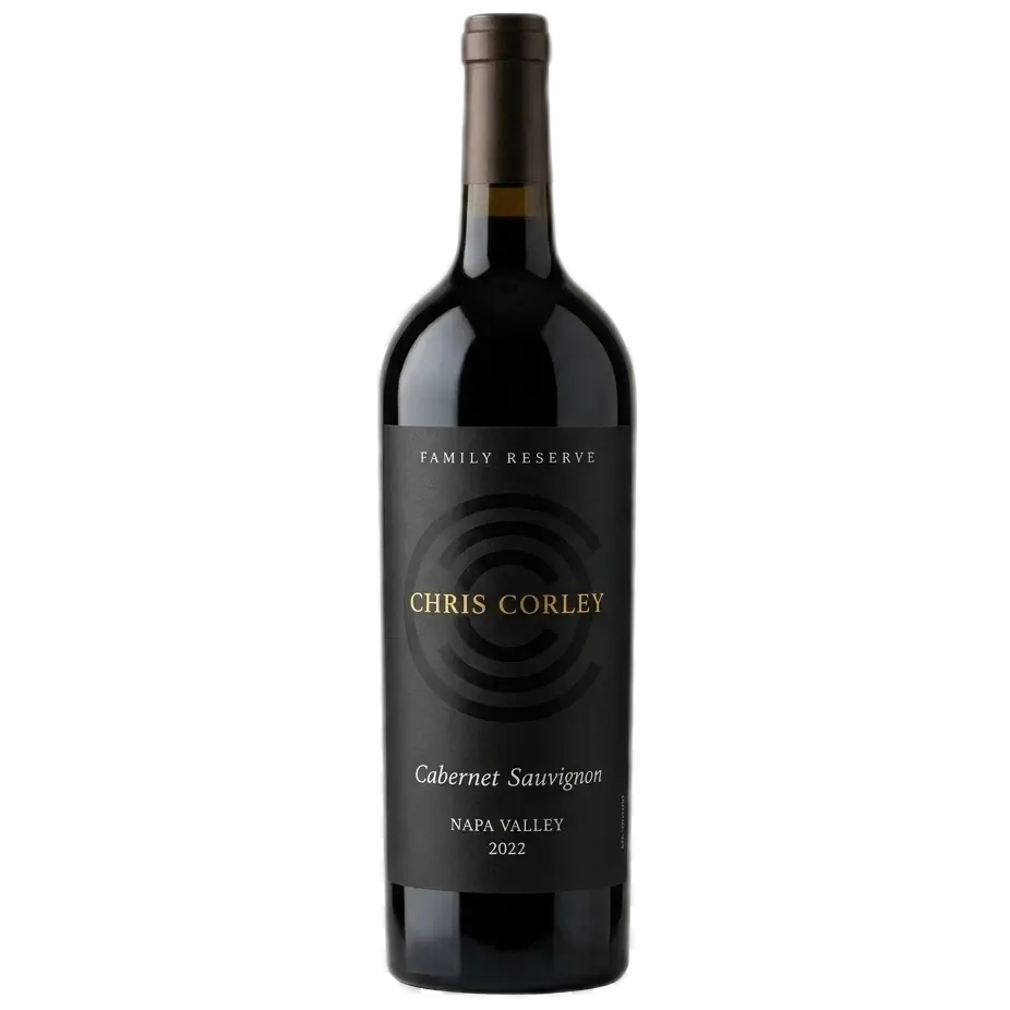 A product shot of a bottle of Chris Corley Cabernet Sauvignon centered on a square, transparent background.