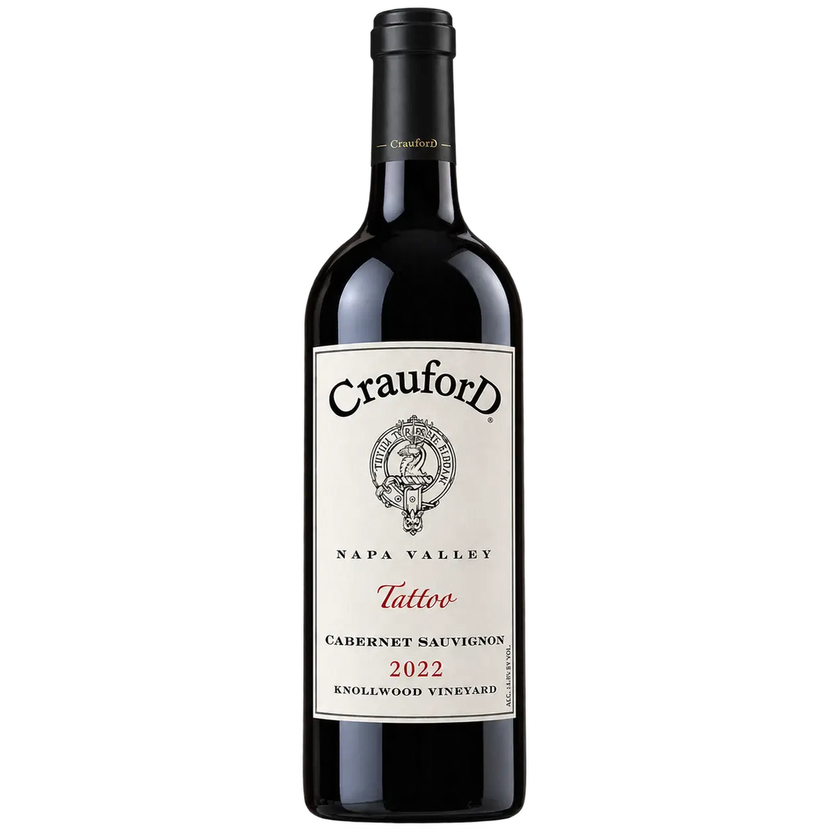 Isolated, eye-level product shot of a dark glass wine bottle centered on a transparent checkerboard background. The off-white paper label shows "CrauforD" in curved black font at the top, an intricate circular crest in the middle, and "NAPA VALLEY" underneath. Below this is "Tattoo" in red script, "CABERNET SAUVIGNON", "2022" in red, "KNOLLWOOD VINEYARD" at the bottom, and "ALC. 14.4% BY VOL." vertically on the bottom right.