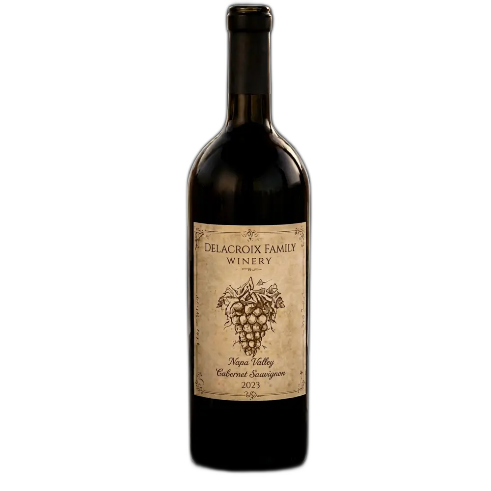 A bottle of Delacroix Family Winery 2023 Napa Valley Cabernet Sauvignon against a transparent background. The bottle features a rustic, textured beige label with an illustration of a grape cluster, displaying the winery name, region, and vintage year.