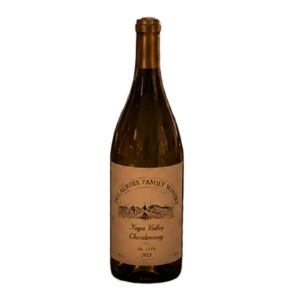 A clear product shot of a Burgundy-style wine bottle centered on a transparent grid background. The bottle holds a pale gold white wine and features a cream-colored label reading 